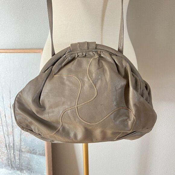 Vintage 1980s Rare Leather Patchwork Quilted Shoulder Purse Lyrella taupe - Picture 5 of 7